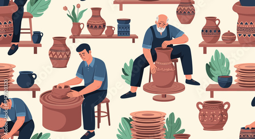 Patterned illustration showing several male artisans working at pottery wheels to create various clay pots and vases.