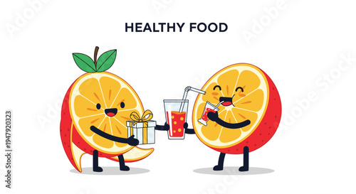 Two orange slice characters celebrating with a gift box and a glass of fresh orange juice under a healthy food title.