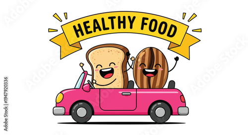 Sliced bread and coffee bean characters enjoying a fun road trip in a pink convertible car under a yellow banner.
