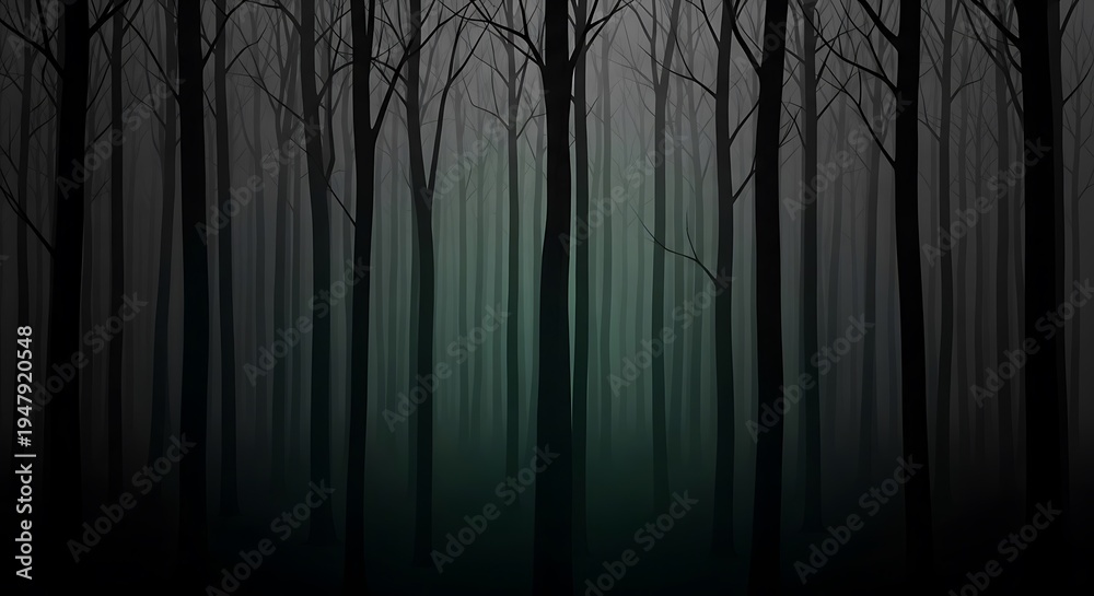 Obraz premium Misty dark forest with tall bare trees and eerie atmosphere at dusk, cinematic lighting