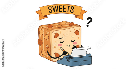 Curious nut cake character focuses on writing with a typewriter while a black question mark floats above its head.