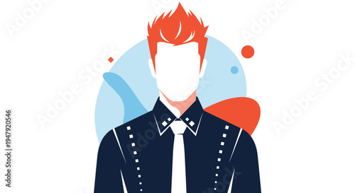 Modern flat design avatar features a man with bright red spiky hair and a dark formal shirt against abstract shapes.