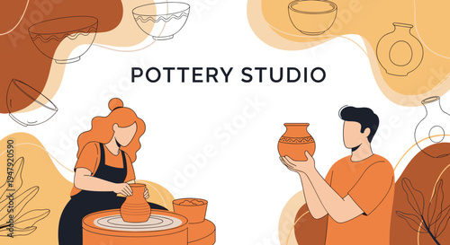 Creative artists work together in a pottery studio shaping clay on a wheel and showcasing various finished ceramic vessels.