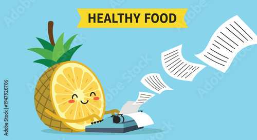 Whimsical pineapple character works hard at a blue typewriter with several sheets of paper drifting through the sky.