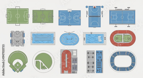 Overhead Views of Various Sports Fields and Courts.