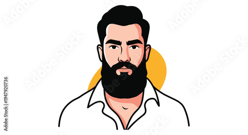 Strong vector portrait of a man with a thick black beard and dark hair against a minimalist yellow circle background.