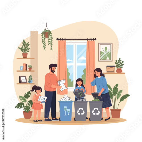 Family sorting recycling at home, promoting waste reduction