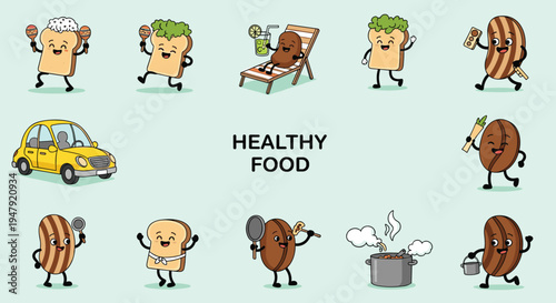 Large collection of anthropomorphic food characters including bread and coffee beans in various fun daily activities.