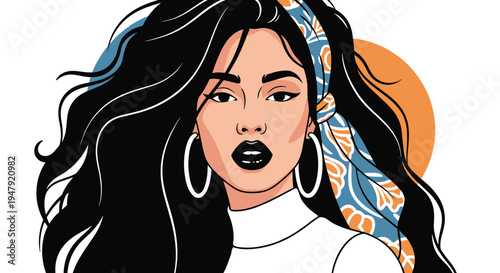 Beautiful woman with long dark hair and a colorful headscarf poses with large hoop earrings and black lipstick.