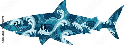 Shark silhouette filled with ocean waves pattern creative marine wildlife illustration sea water texture aquatic animal vector design