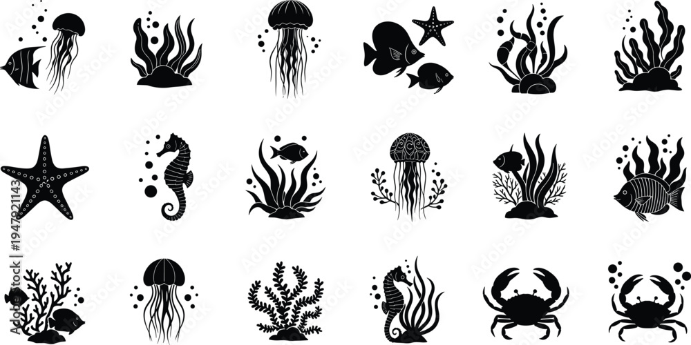 Fototapeta premium Underwater marine life silhouette icon set with fish jellyfish seahorse starfish crab coral seaweed ocean wildlife vector collection