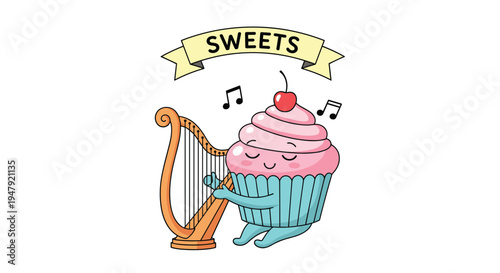 Adorable pink cupcake character plays a classic wooden harp with musical notes floating in the air above its head.