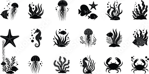 Underwater marine life silhouette icon set with fish jellyfish seahorse starfish crab coral seaweed ocean wildlife vector collection