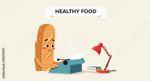 Content baguette character writes on a typewriter under a warm red lamp light within a healthy food setting.