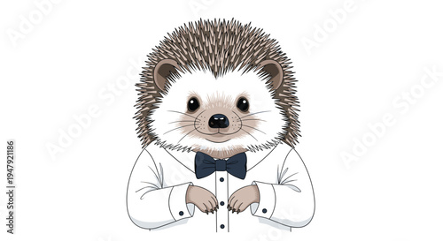 Charming illustration of a friendly hedgehog dressed in a formal white dress shirt and a neat dark bow tie.