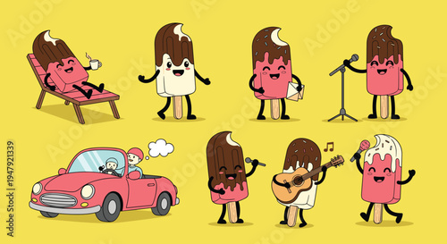 Fun collection of ice cream characters includes figures singing playing guitar and driving a small pink car.