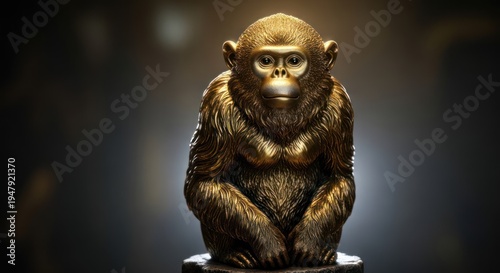 A golden monkey sculpture with a contemplative expression, sitting on a dark pedestal against a blurred background.