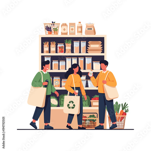 Shoppers with reusable bags at a zero waste grocery store