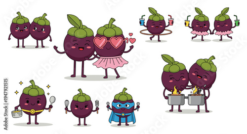 Big set of mangosteen character icons shows the fruit in various roles from cooking to being a brave superhero.