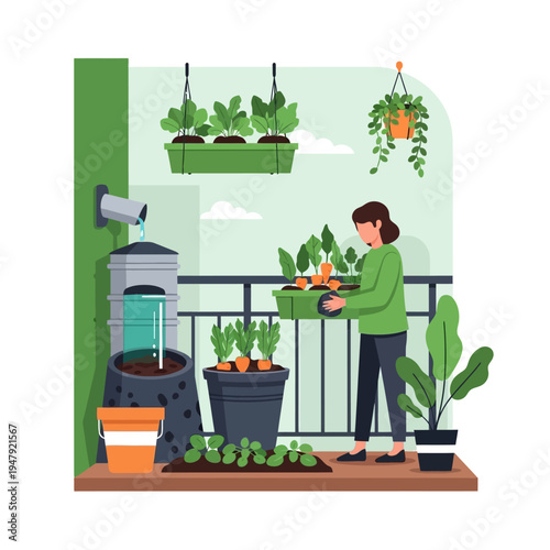 Woman gardening on a balcony with planting containers of vegetables