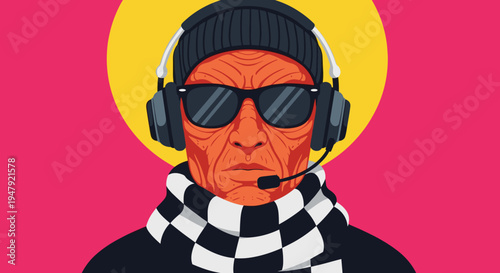 Cool older man with sunglasses a beanie and a checkered scarf wears headphones with a built in microphone.