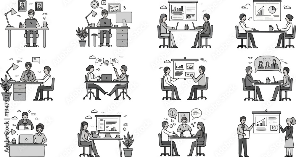 Obraz premium Diverse office scenes depicting collaboration, presentations, and individual work (5)