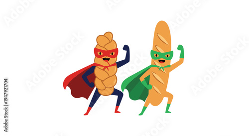 Braided bread and baguette characters pose heroically as superheroes with capes and masks on a white background.