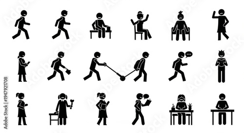 Collection of black stick figures depicting various everyday activities and actions on white background