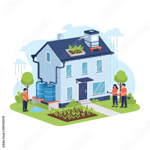 Family tending to a sustainable eco-friendly house with water tanks