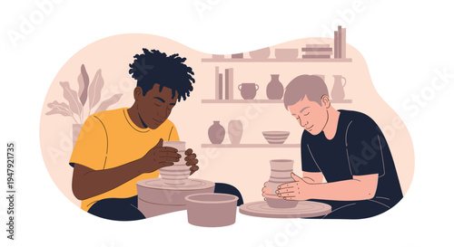 Diverse young men enjoy creative pottery class together while carefully shaping wet clay on spinning wheels in art studio.