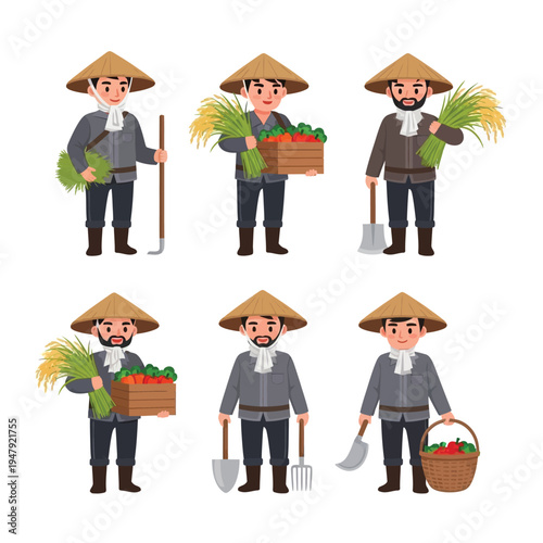 Set of diverse cartoon farmers in conical hats performing various agricultural tasks, holding tools, crops, and fresh produce.