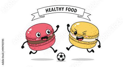 Playful pink and yellow macaron characters enjoy active game of soccer together under white banner labeled healthy food.