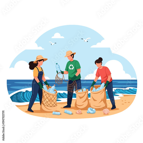 Volunteers collecting trash on a beach, environmental cleanup