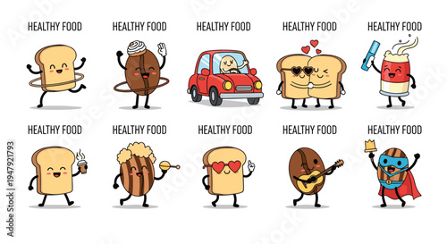 Collection of cute bread and coffee bean characters engages in fun daily activities like exercise, driving, and music performance.