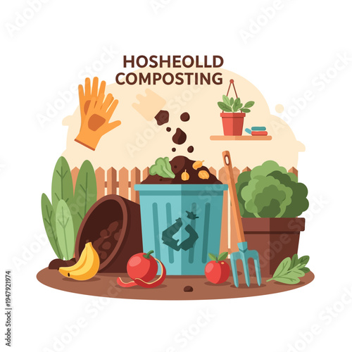 Composting process with garden tools and recycle bin