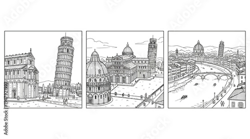 Italian Landmark Triptych Leaning Tower Pisa Florence and Architecture