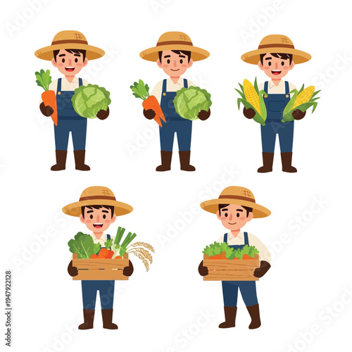 Collection of cheerful cartoon farmers wearing hats and overalls, proudly presenting freshly harvested organic vegetables.
