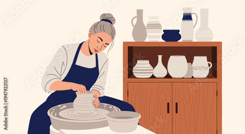 Skilled female artisan carefully shapes a clay pot on a pottery wheel in her organized studio filled with finished ceramics.