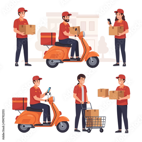 Diverse cartoon delivery team members in red uniforms handling packages, riding scooters, and using carts for efficient service.