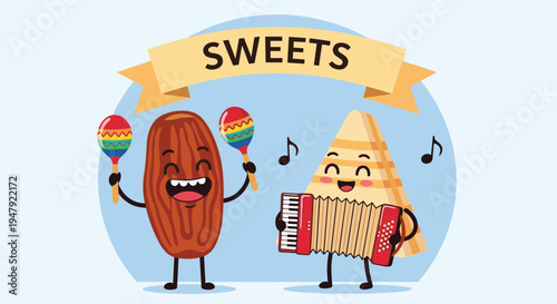 Joyful date fruit playing maracas and triangular sweet character with an accordion perform music under sweets banner.