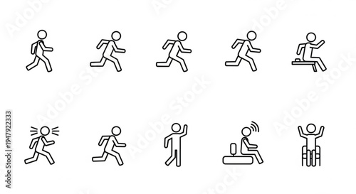 Stick figures running exercising and working out in various poses and activities for fitness and health concepts