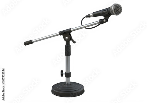 Professional dynamic vocal microphone mounted on an adjustable boom stand for audio recording