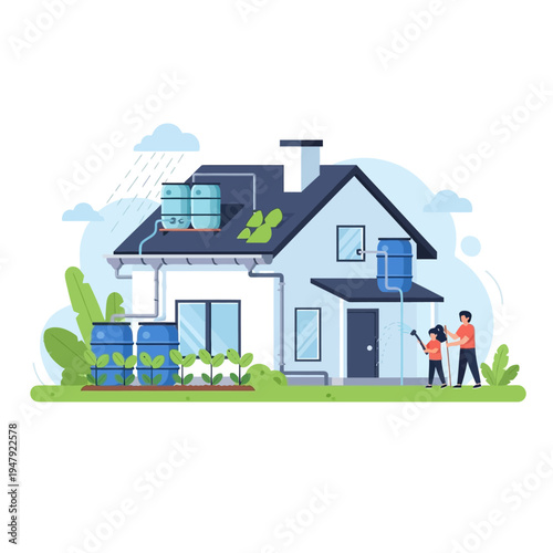 Home water conservation system in action with rain harvesting