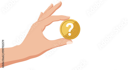 Human hand carefully holds a gold coin featuring a question mark against a clean and simple white background.