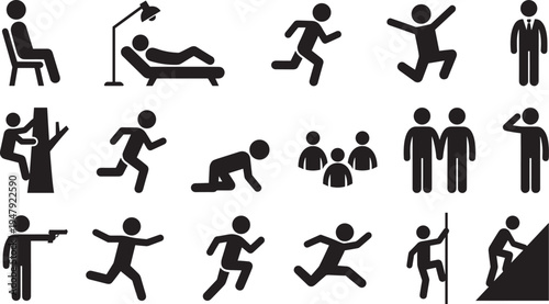 Human activity silhouettes collection, people sitting running jumping climbing working standing lifestyle action icon set