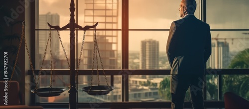 A powerful perspective on justice and leadership overlooking the urban landscape.