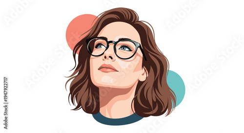 Thoughtful young woman with glasses and wavy brown hair gazes upwards against a simple abstract circle background.