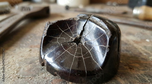 Broken vintage bakelite housing with a spiderweb of cracks on a workshop workbench