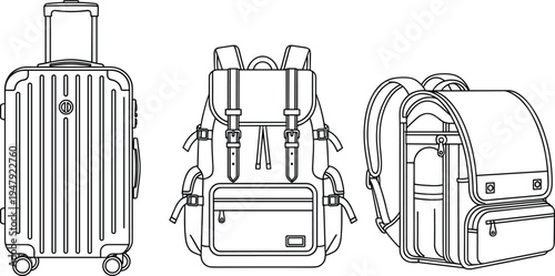 Bag silhouette illustration set, travel suitcase vector, hiking backpack icon, school bag design, luggage artwork, black line drawing collection
