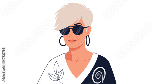 Stylish older woman with short spiky blonde hair and black sunglasses poses confidently in a modern black and white top.